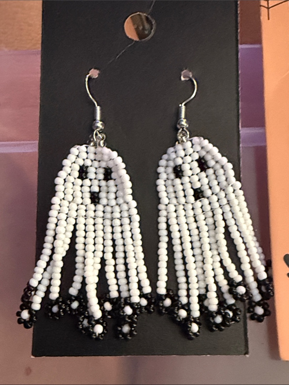 Ghost Beaded Fringe Drop Earrings - White and Black Halloween